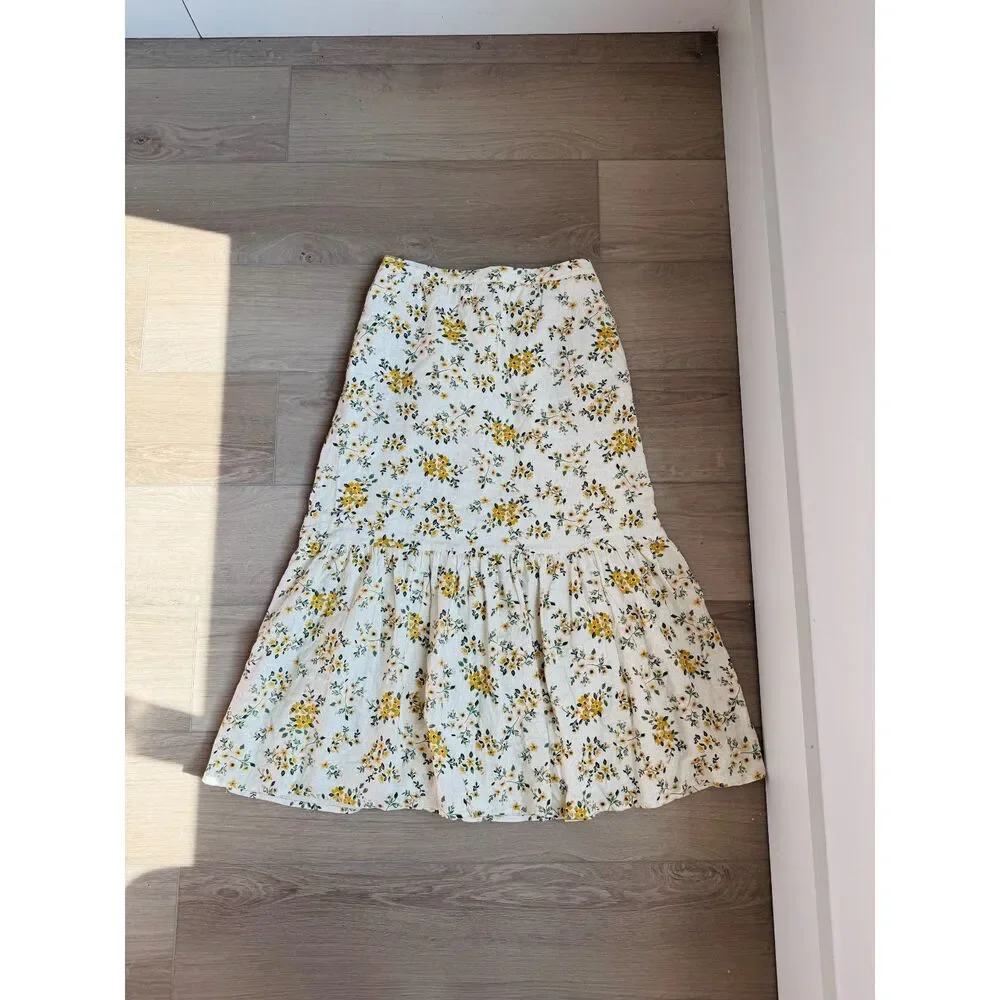 Joie Ditsy Floral Tiered Midi Skirt Boho Cottagecore Sunflowers‎ - Picture 4 of 6